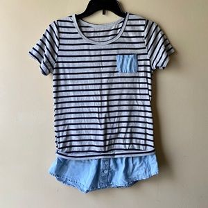 Blue striped shirt sleeved shirt w/ mini skirt